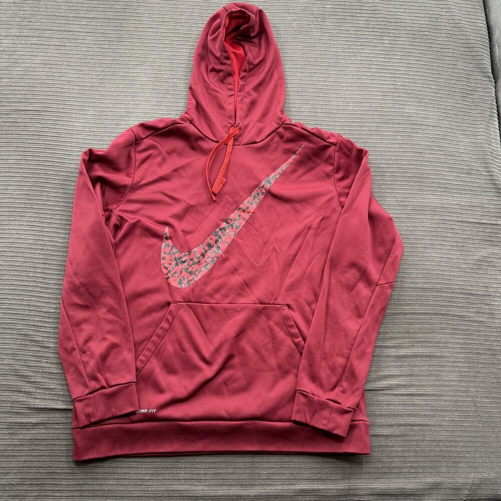 Nike Hoodie Mens XL Red Therma-Fit Pullover Sweatshirt Camo Swoosh Logo Athletic